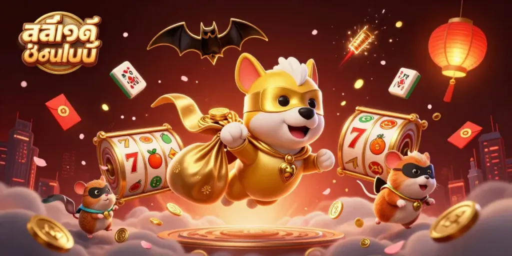 Experience the excitement of สล็อตออนไลน์ with a superhero dog and hamster unlocking riches in a vibrant casino-themed scene.