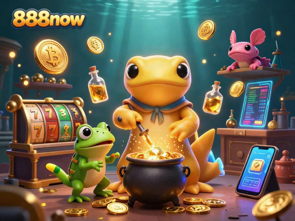 Experience thrilling slots at 888now with gold coins and jackpot excitement in this vibrant scene.