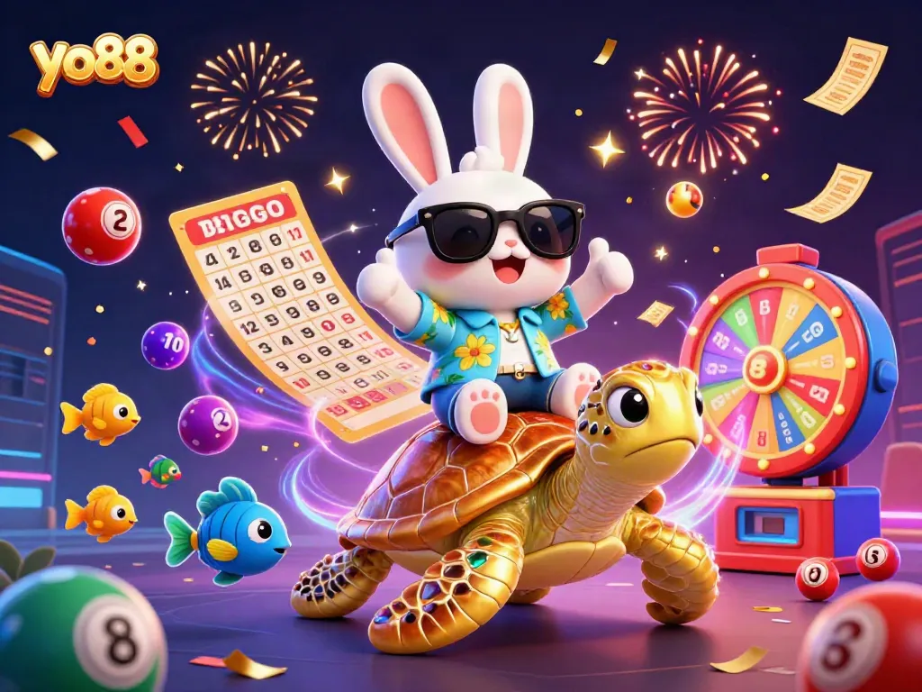 Experience the thrill of winning with yo88 in this vibrant casino scene featuring a lucky rabbit and treasures.