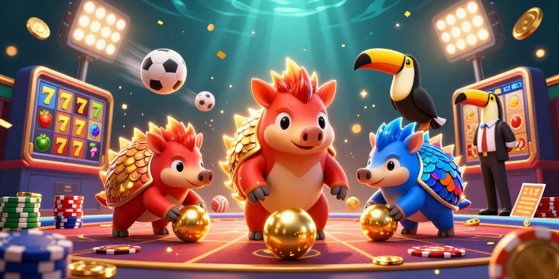 Engage with thrilling credit card casinos featuring cartoon pangolins amidst lively fruit symbols and poker chips.