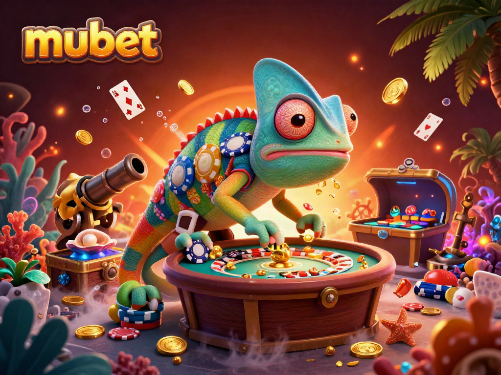 Experience thrilling action with mubet's vibrant 3D casino scene featuring a colorful chameleon and dynamic elements.
