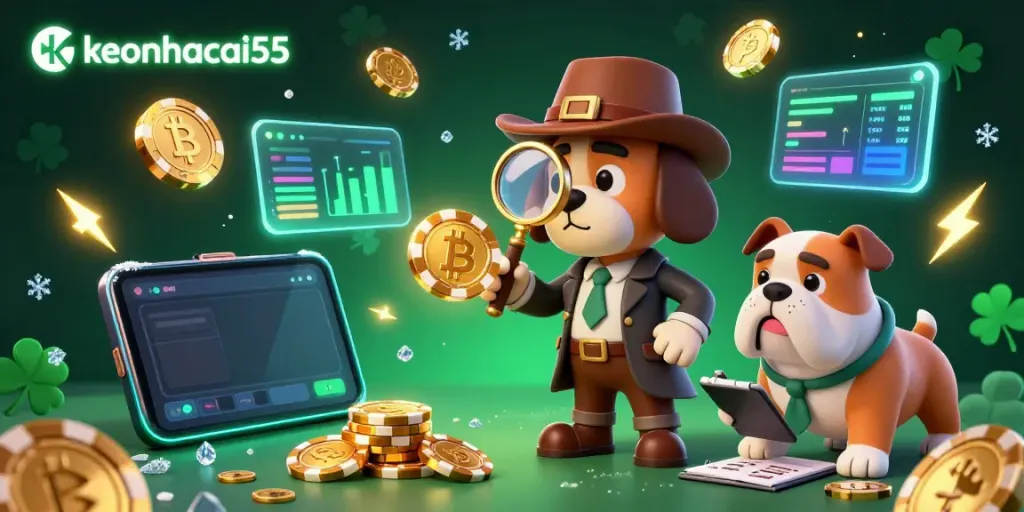 Examine winning strategies at keonhacai55 with a detective dog analyzing a golden poker chip amidst crypto and gambling elements.