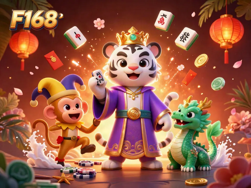 Experience the vibrant world of F168 with a joyous tiger, monkey, and jade dragon celebrating casino games.