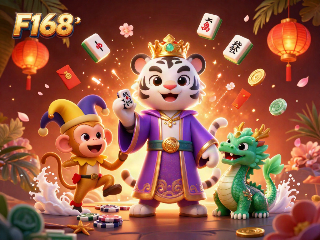 Experience the vibrant world of F168 with a joyous tiger, monkey, and jade dragon celebrating casino games.