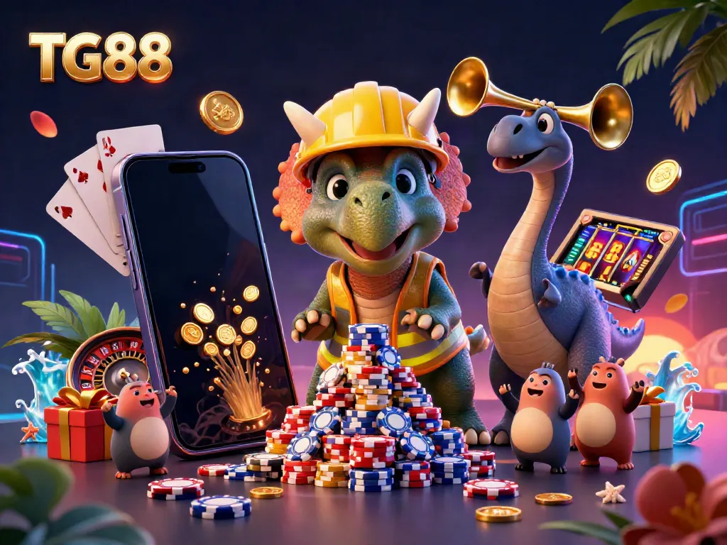 Experience the excitement of TG88 with a triceratops and parasaurolophus celebrating a casino game atmosphere in 3D.