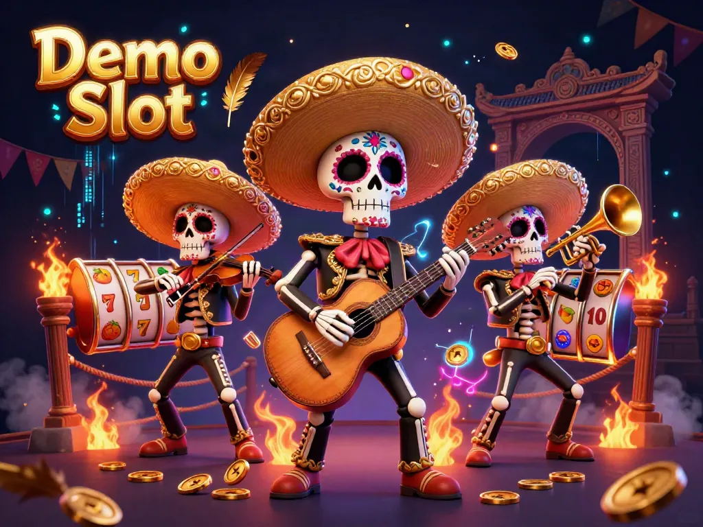 Experience the action of Demo Slot with a vibrant mariachi band amidst thrilling casino elements.
