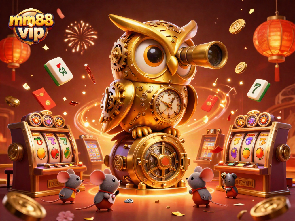 Engage in the excitement of mm88 vip with golden owls and vibrant slot machines.