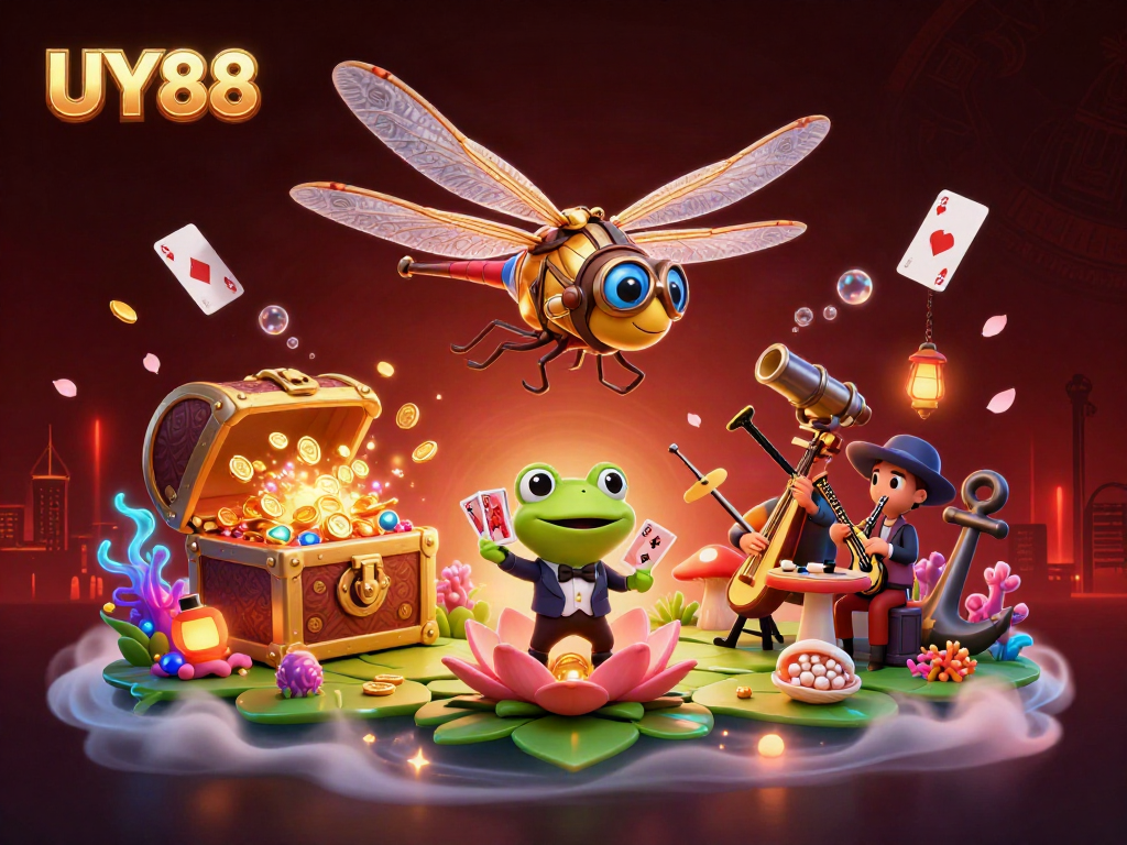 Experience dynamic gaming action at UY88, featuring a whimsical 3D dragonfly pilot and vibrant casino elements.