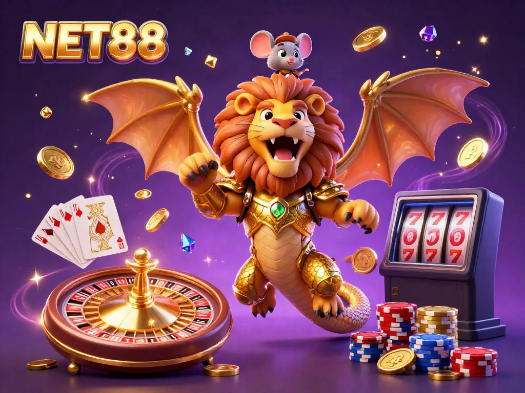Experience excitement and luck with NET88's golden chimera and vibrant casino elements.