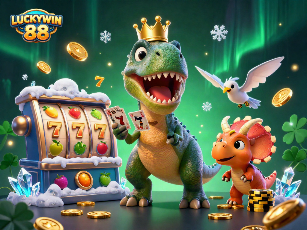 Experience Chancen and Winning Thrills with LUCKYWIN 88 in this playful casino scene featuring dynamic slot games.