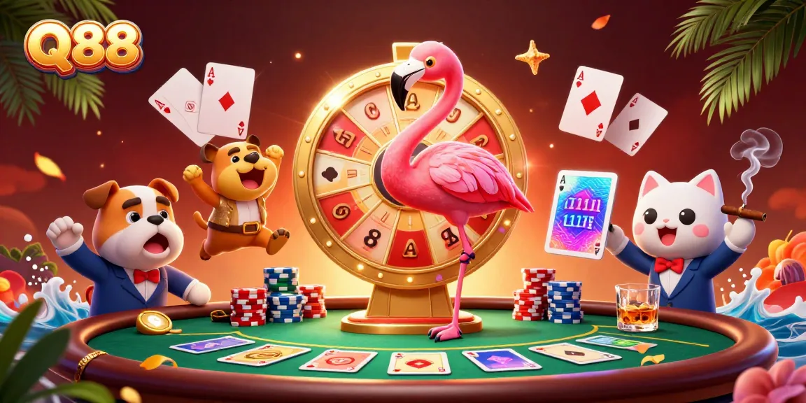 Experience excitement at Q88 with the game show host flamingo, bulldog contestant, and poker action!