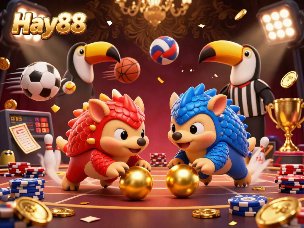 Engage with Hay88’s thrilling casino experience as rival pangolins roll golden balls through poker chips.