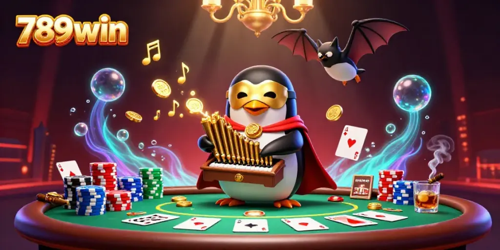 Join the playful 789win penguin in a vibrant casino showdown with golden coins and poker flair!