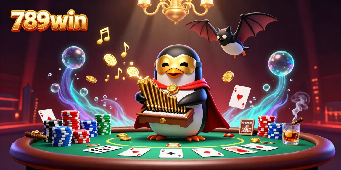Join the playful 789win penguin in a vibrant casino showdown with golden coins and poker flair!