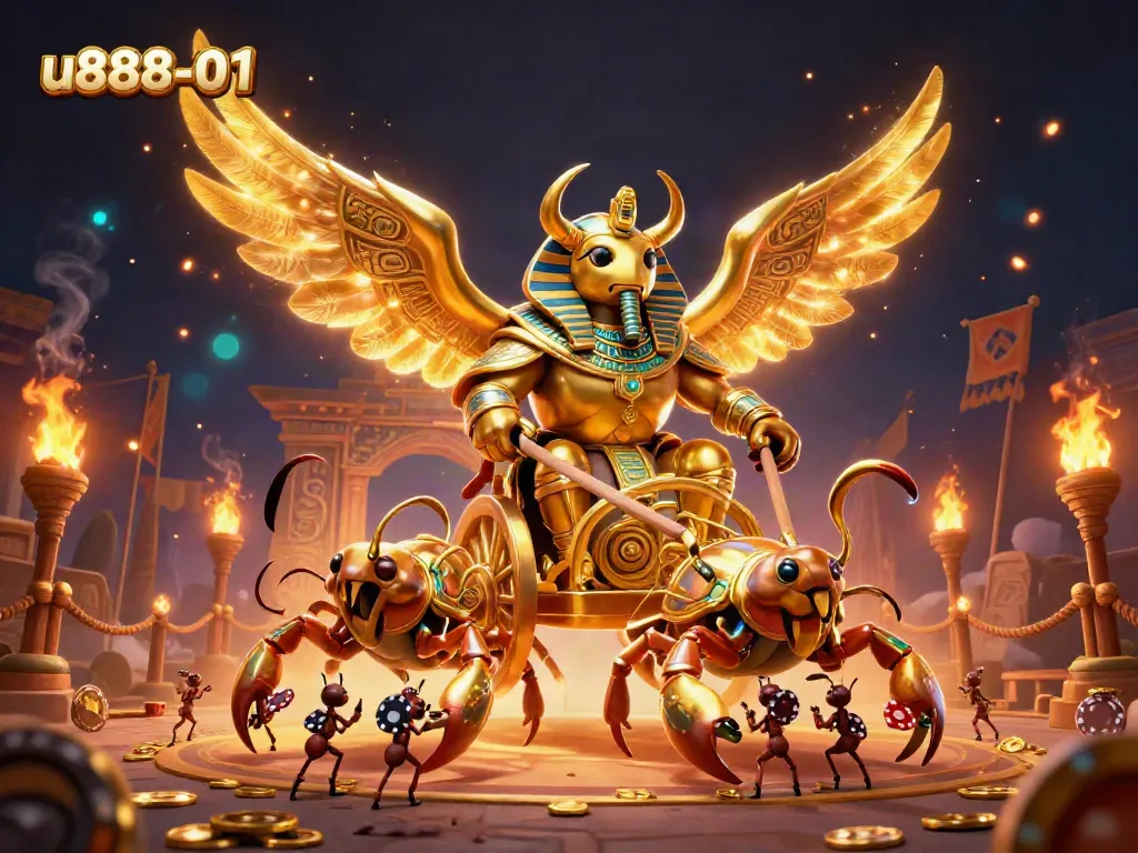 Engage with u888-01's exciting gaming universe through a vibrant illustration featuring a pharaoh warrior.