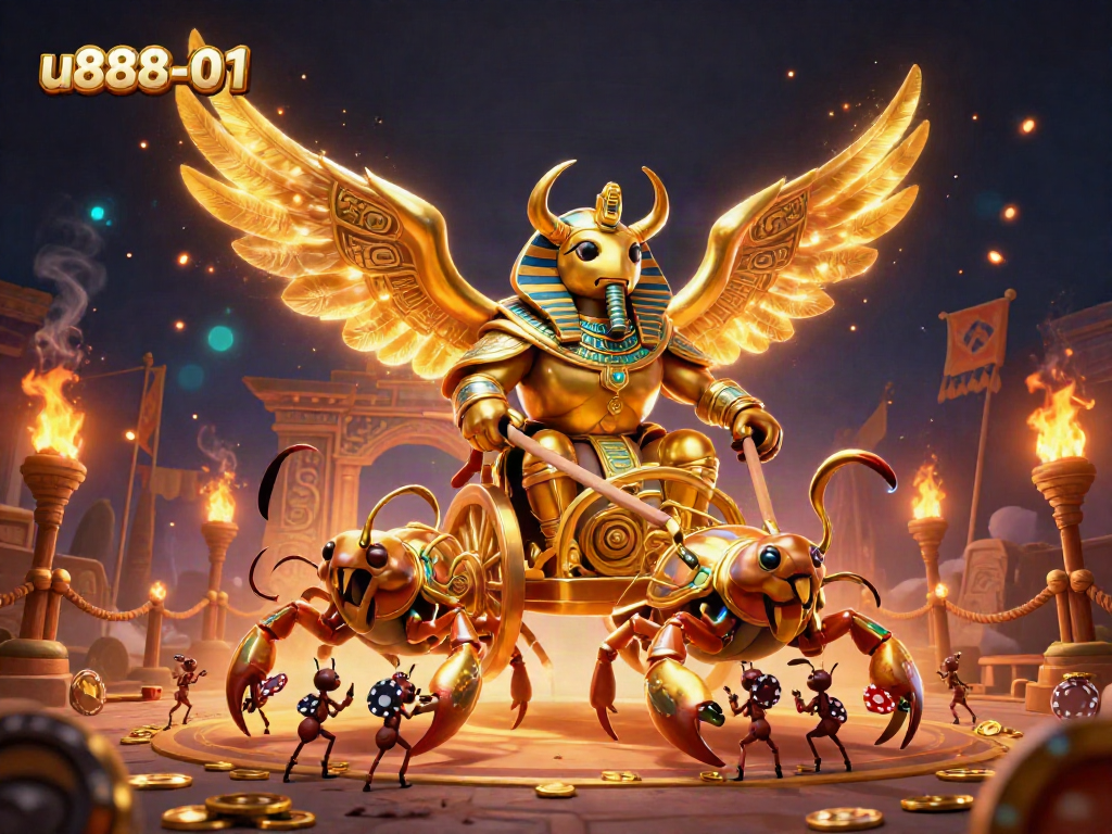 Engage with u888-01's exciting gaming universe through a vibrant illustration featuring a pharaoh warrior.