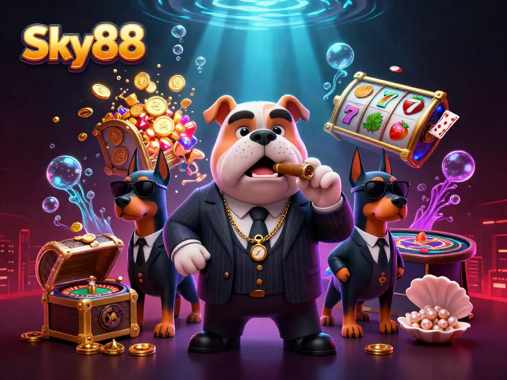 Sky88 showcases lively casino atmosphere with a mafia bulldog and Dobermans amidst slot reels.