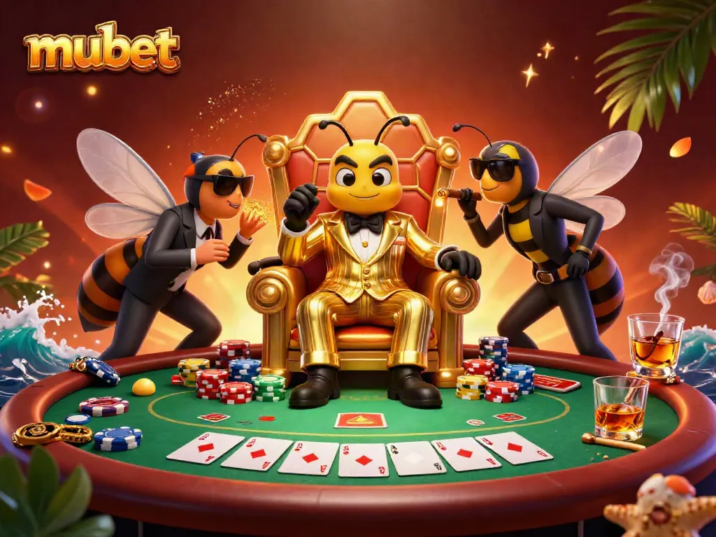 Engage in thrilling gambling at mubet, featuring a dynamic poker scene with an animated bumblebee mob boss.