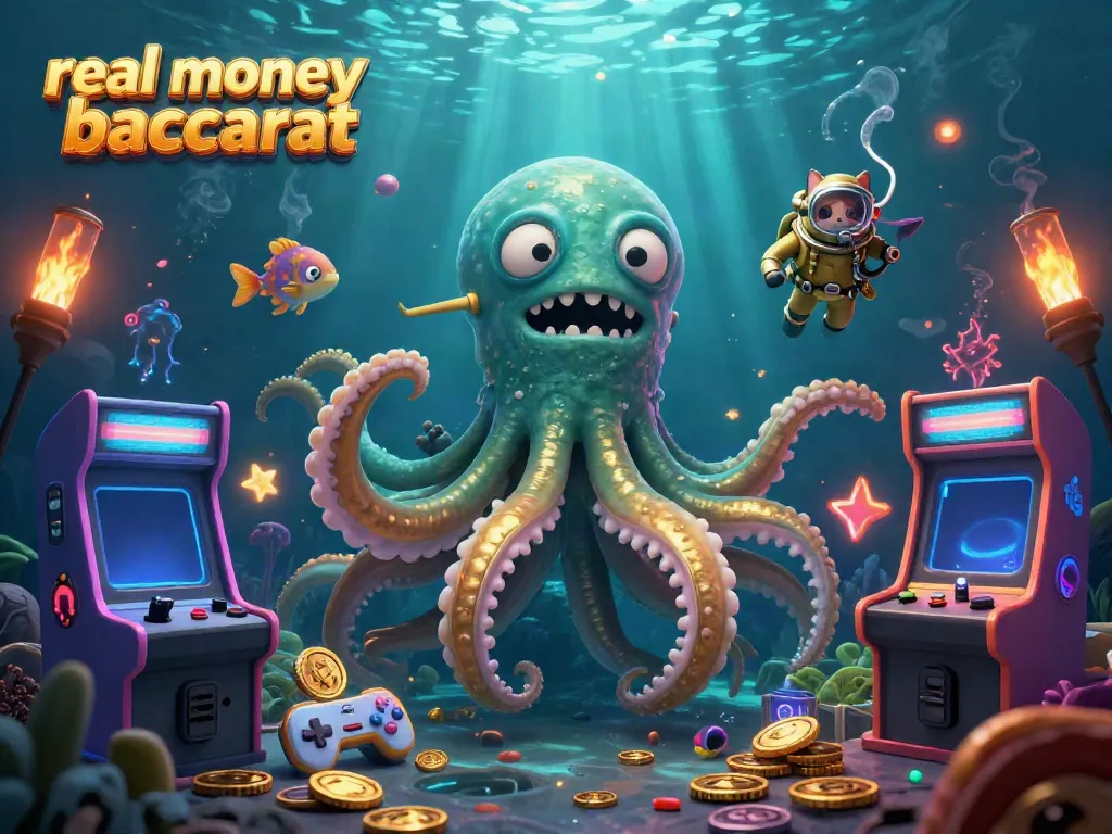 Play real money baccarat surrounded by a vibrant 3D scene of a kraken, diving cat, and arcade games.