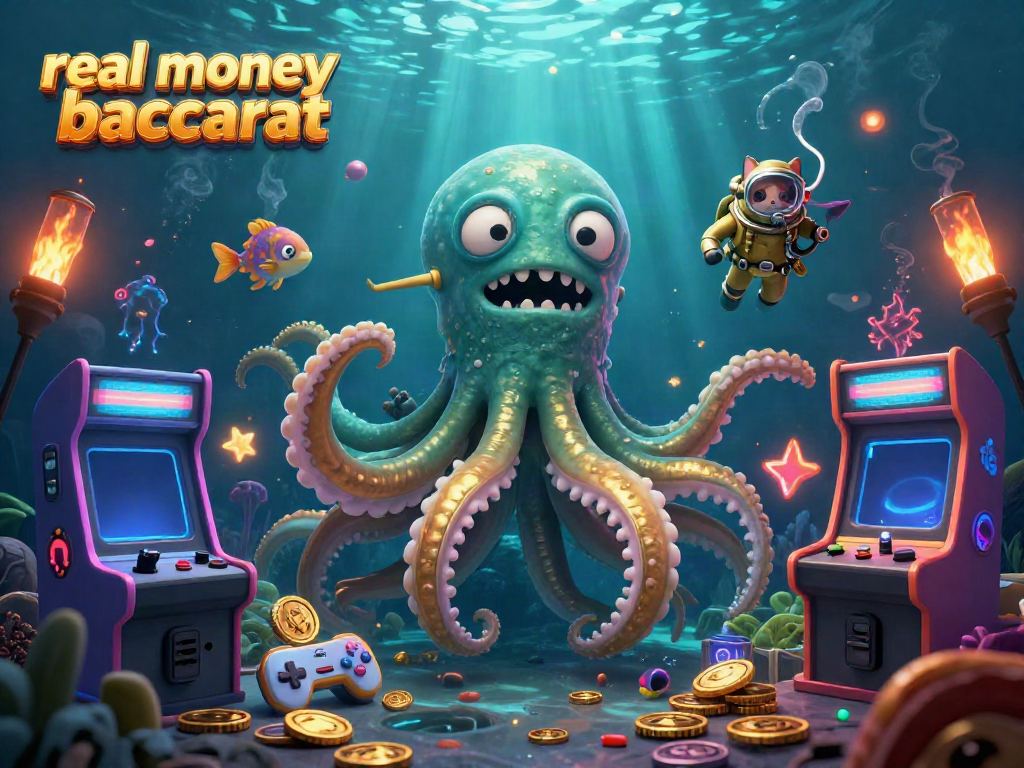 Play real money baccarat surrounded by a vibrant 3D scene of a kraken, diving cat, and arcade games.