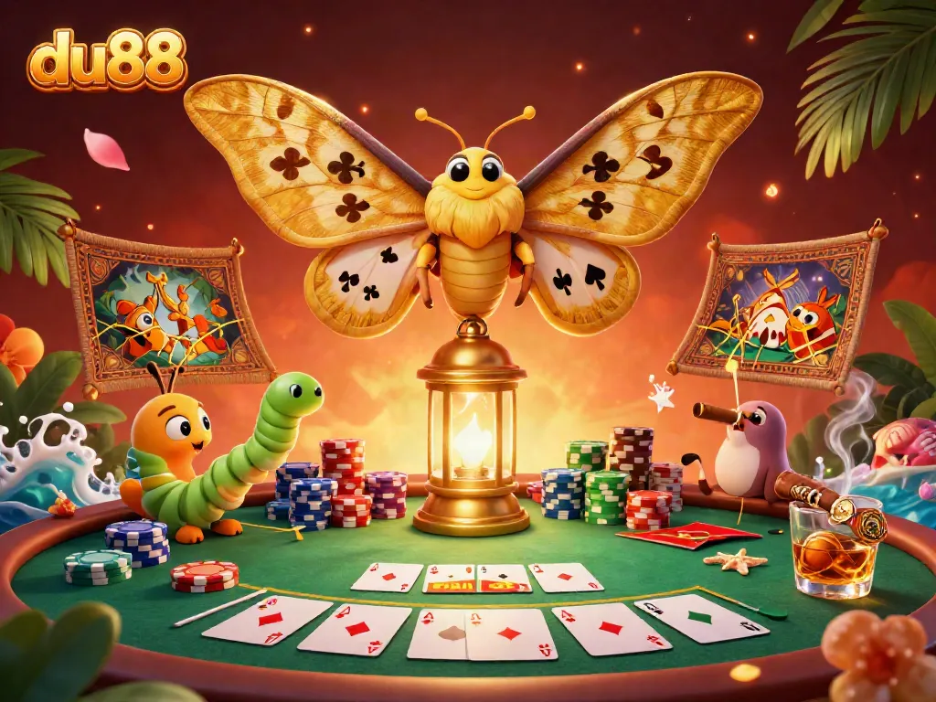 Experience the excitement of du88 with vibrant casino elements and a majestic moth in this dynamic illustration.