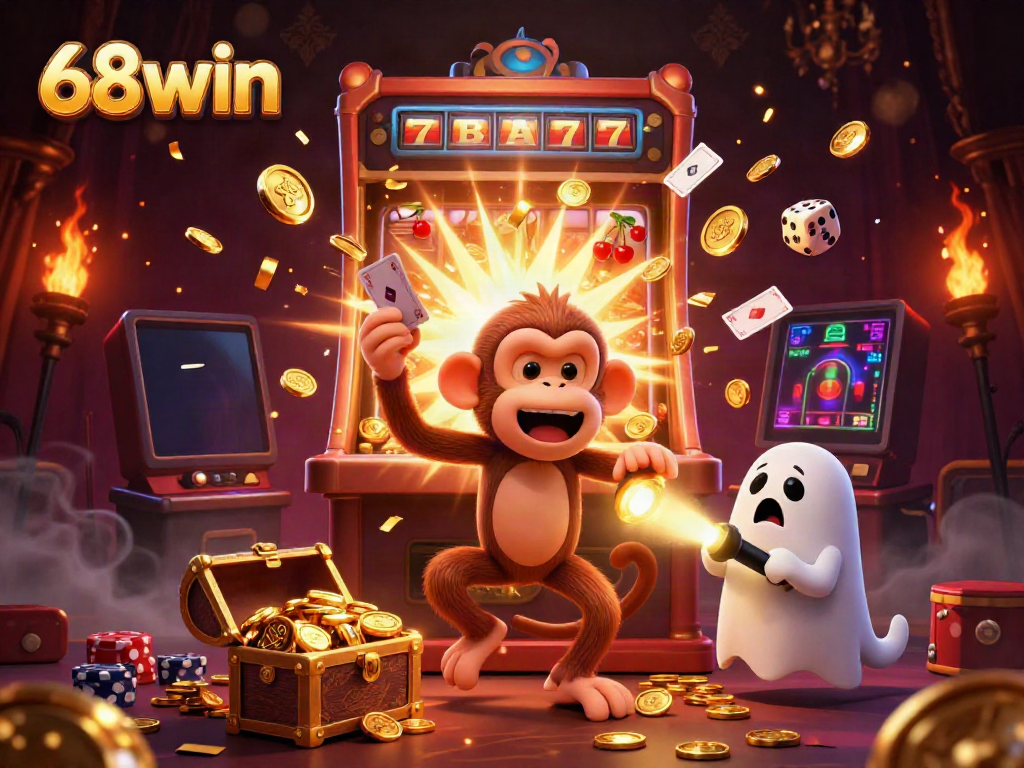 Experience the excitement of 68win with a lively scene featuring 3D characters in a haunted casino.