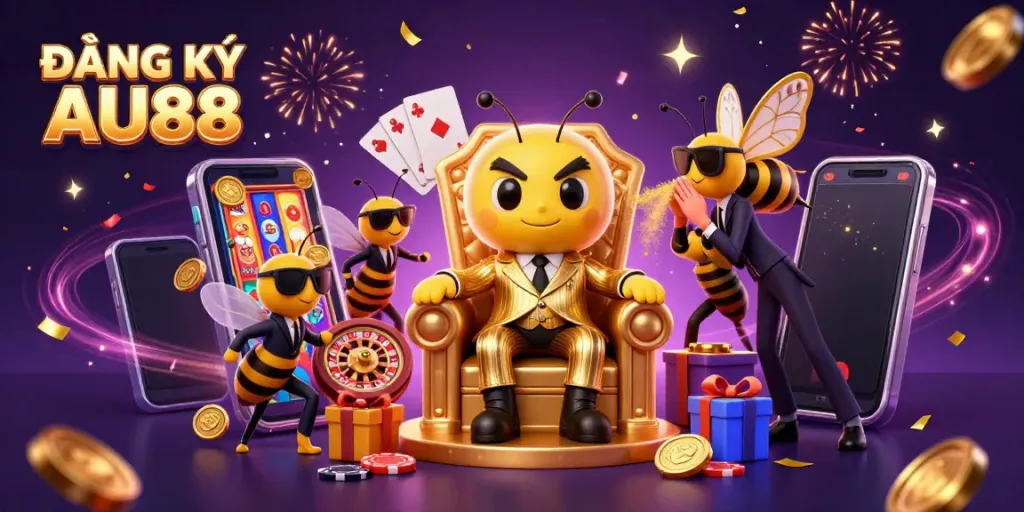 Experience the excitement of ĐĂNG KÝ AU88 with a vibrant 3D cartoon gaming scene featuring charismatic characters and casino elements.