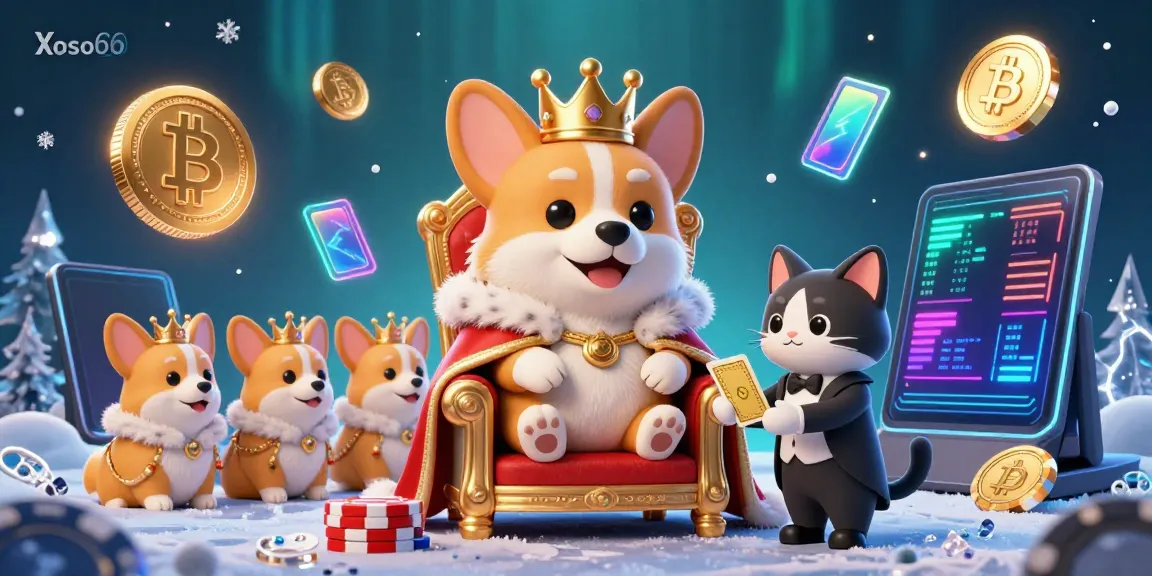 Xoso66 enthrones a royal corgi amid vibrant crypto elements illustrating a thrilling casino scene.