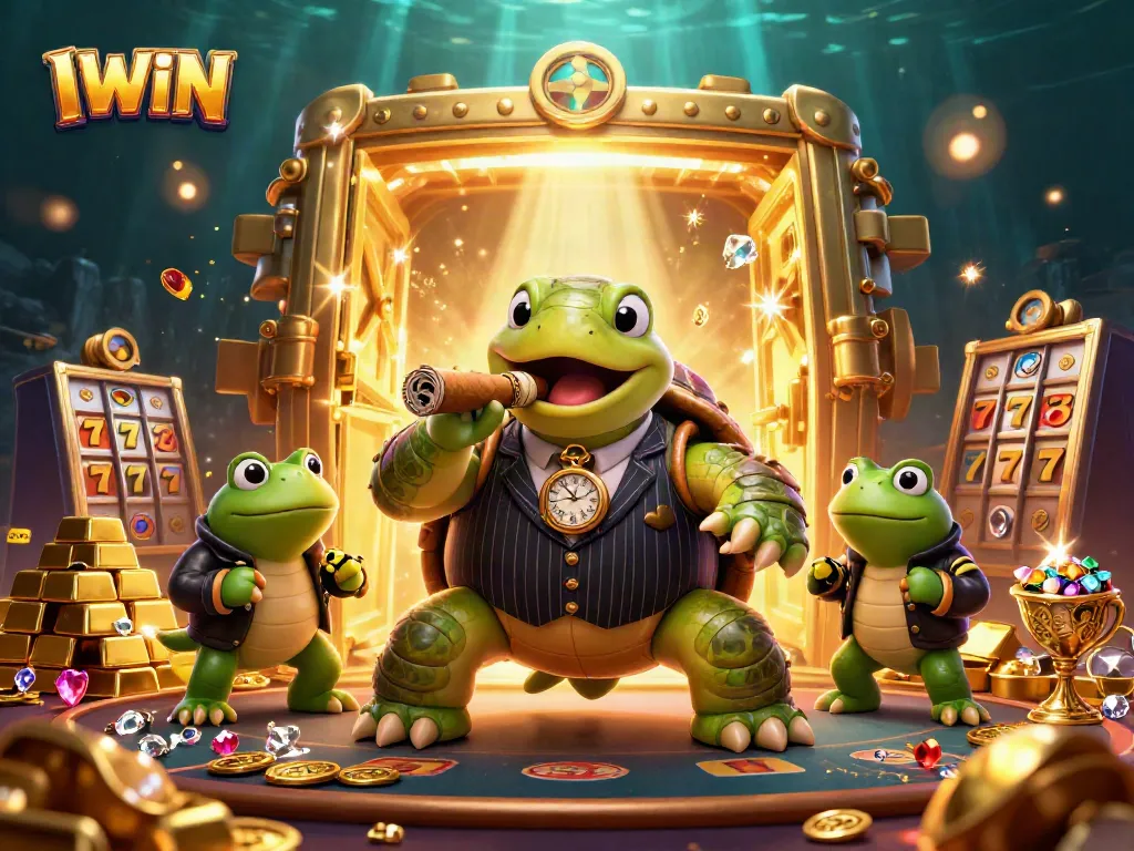 Experience exciting gameplay at IWIN, featuring a lively casino scene with cartoon characters and vibrant slot elements.