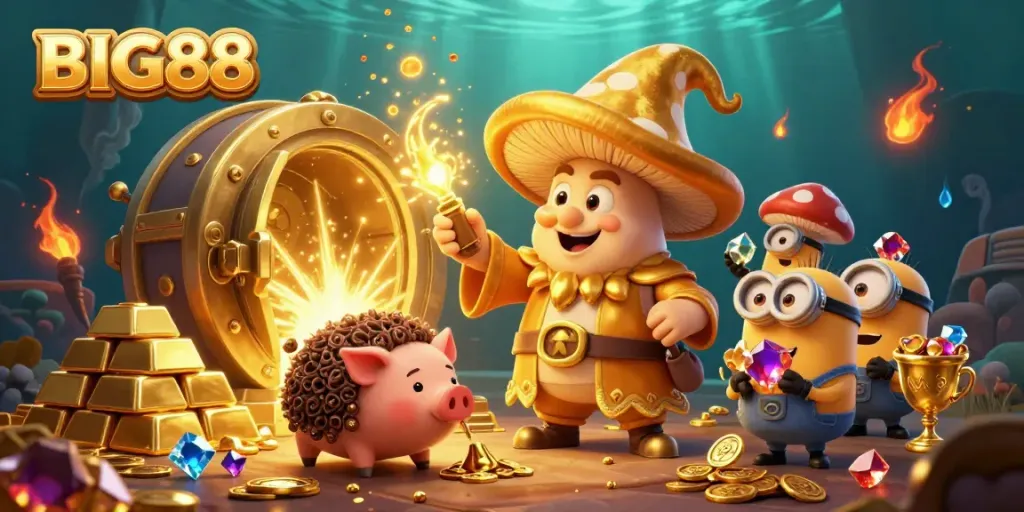 BIG88 enhances gaming excitement with a 3D wizard, treasure, and vibrant casino elements.