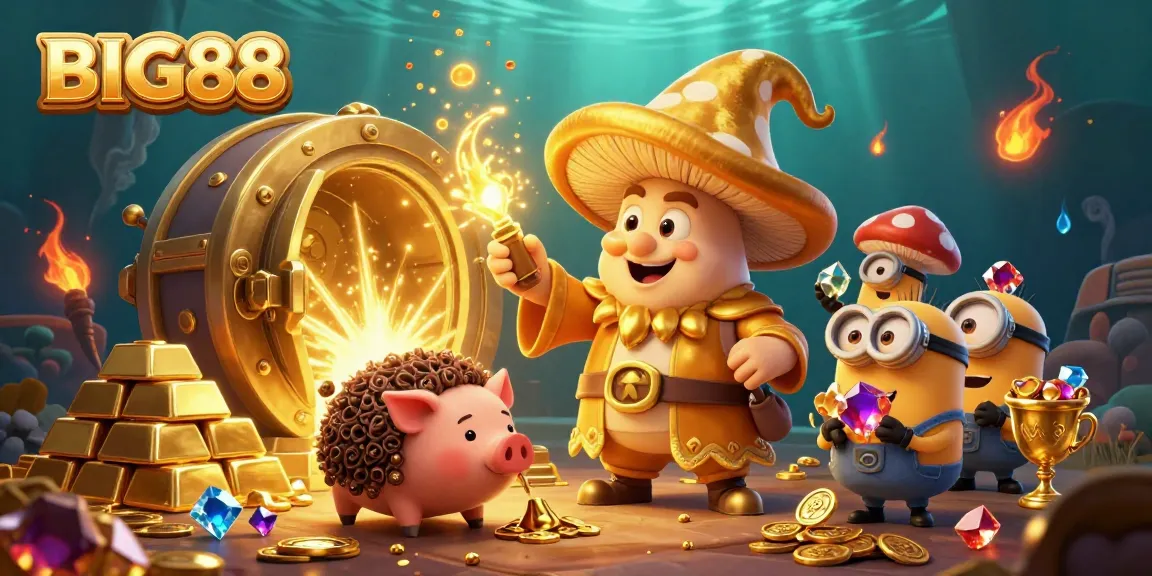 BIG88 enhances gaming excitement with a 3D wizard, treasure, and vibrant casino elements.
