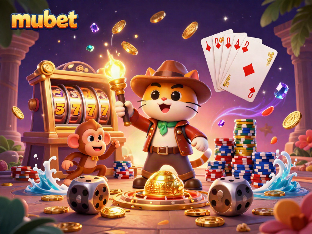 Experience the thrill of mubet with a cartoon cat explorer discovering casino treasures in a vibrant scene.