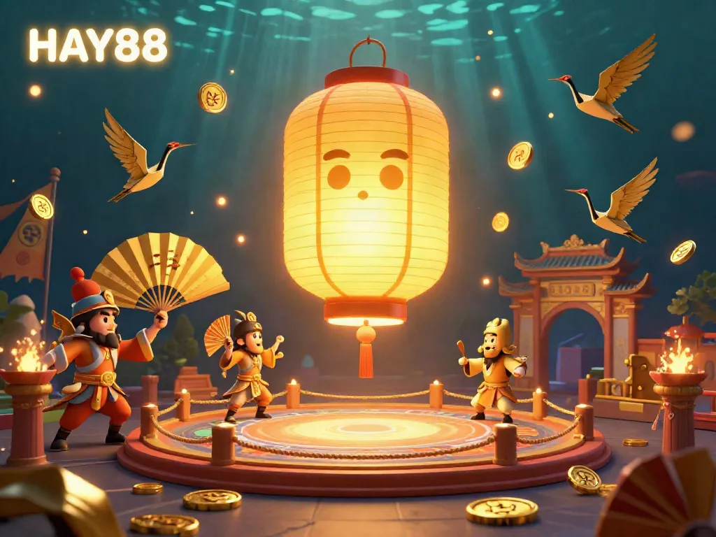 Engage in thrilling gambling at HAY88 with an enchanting illustration showcasing a golden lantern spirit and gaming elements.