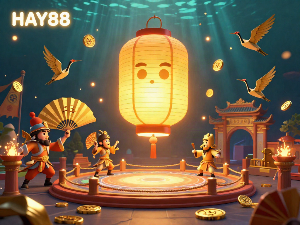 Engage in thrilling gambling at HAY88 with an enchanting illustration showcasing a golden lantern spirit and gaming elements.