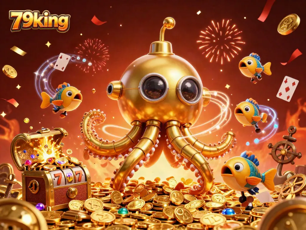 Play and win big with 79king’s golden kraken amidst coins, slot reels, and festive effects.