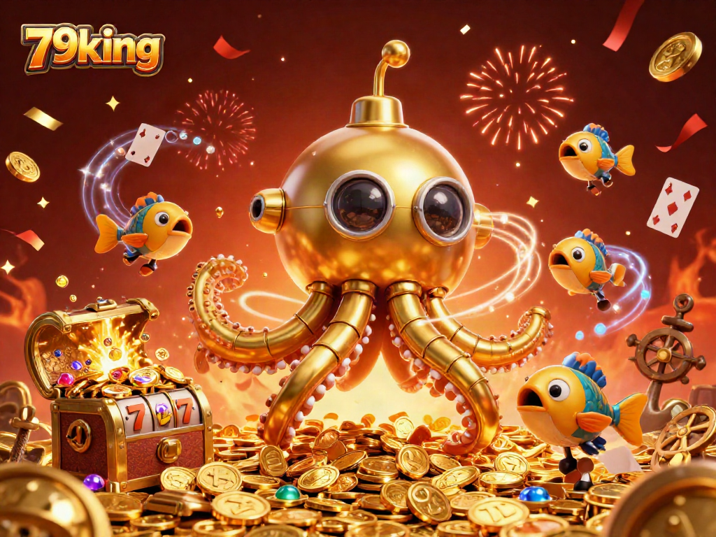 Play and win big with 79king’s golden kraken amidst coins, slot reels, and festive effects.
