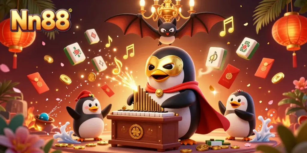 Nn88 delivers an exciting casino experience with a vibrant 3D penguin playing a golden organ amidst festive decorations.
