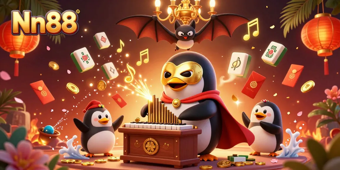 Nn88 delivers an exciting casino experience with a vibrant 3D penguin playing a golden organ amidst festive decorations.