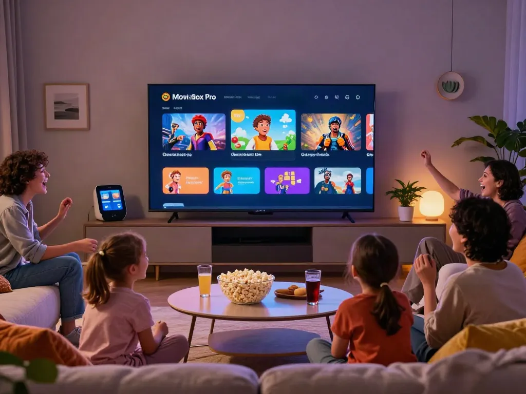 Family enjoying mymovieboxproapp.com on a large TV in a cozy living room.