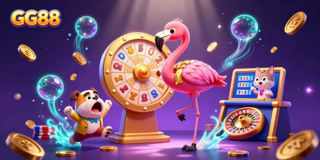 GG88 casino fun with a flamingo host, bulldog contestant, and prize reveals amidst vibrant gaming elements.