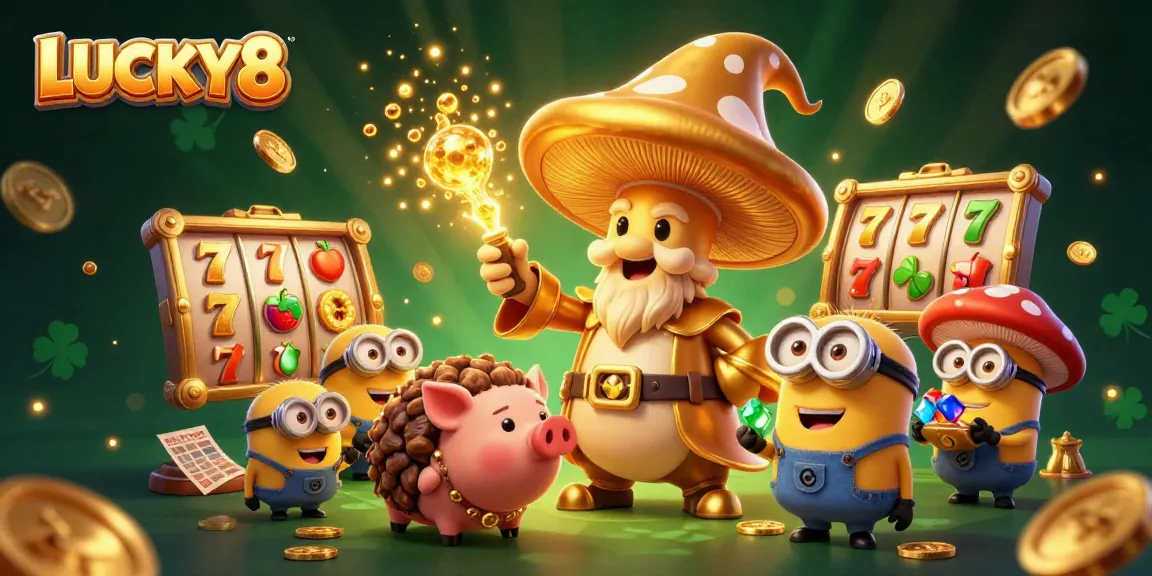 LUCKY8 transforms with magical gold in a vibrant casino scene featuring dynamic slot elements and treasures.