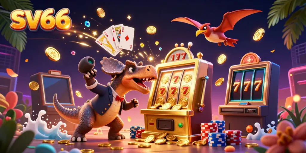Deposit coins with sv66; a pachycephalosaurus hits a slot machine while a manager watches.