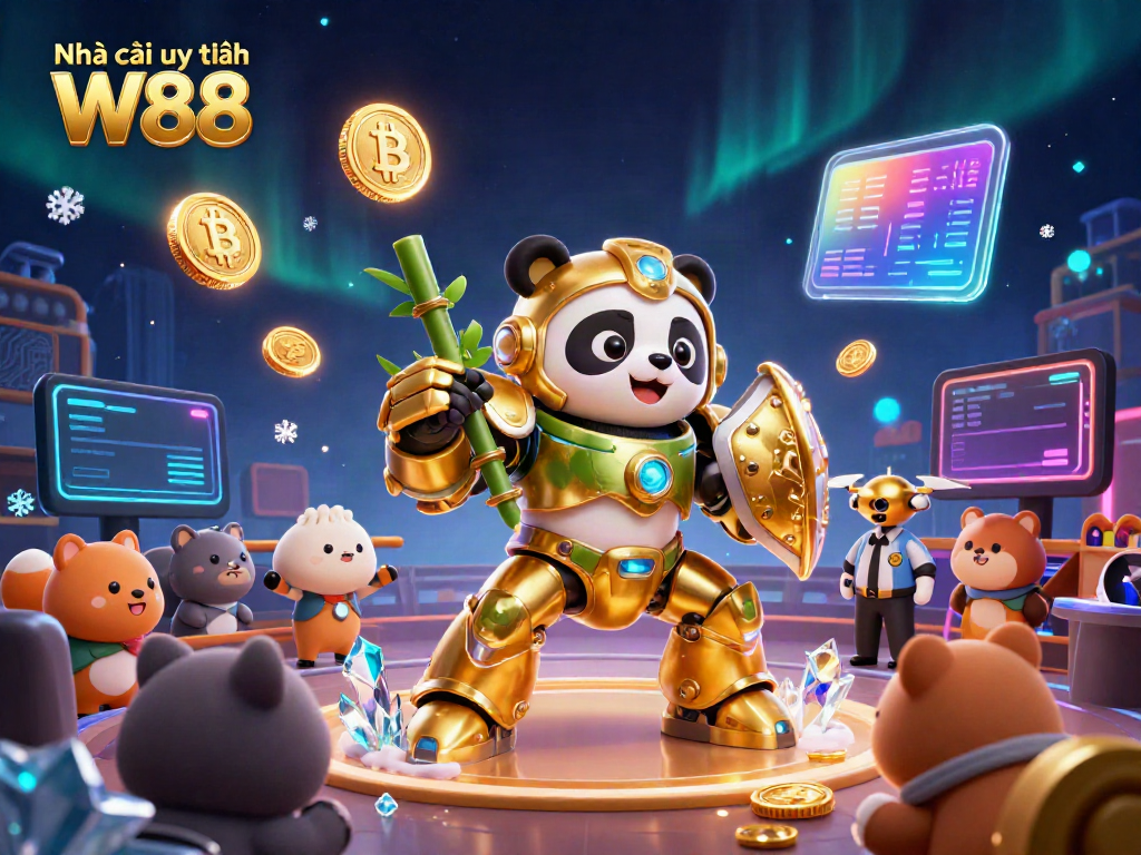Engage in thrilling gameplay at Nhà cái uy tín W88 with a vibrant arena featuring a golden panda robot amidst cheering spectators.