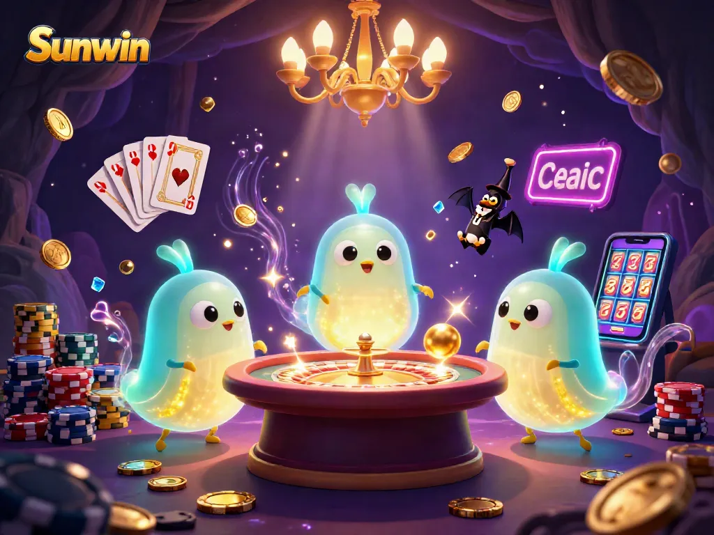 Experience Sunwin's vibrant casino atmosphere illuminated by glowing characters amidst dazzling game elements.