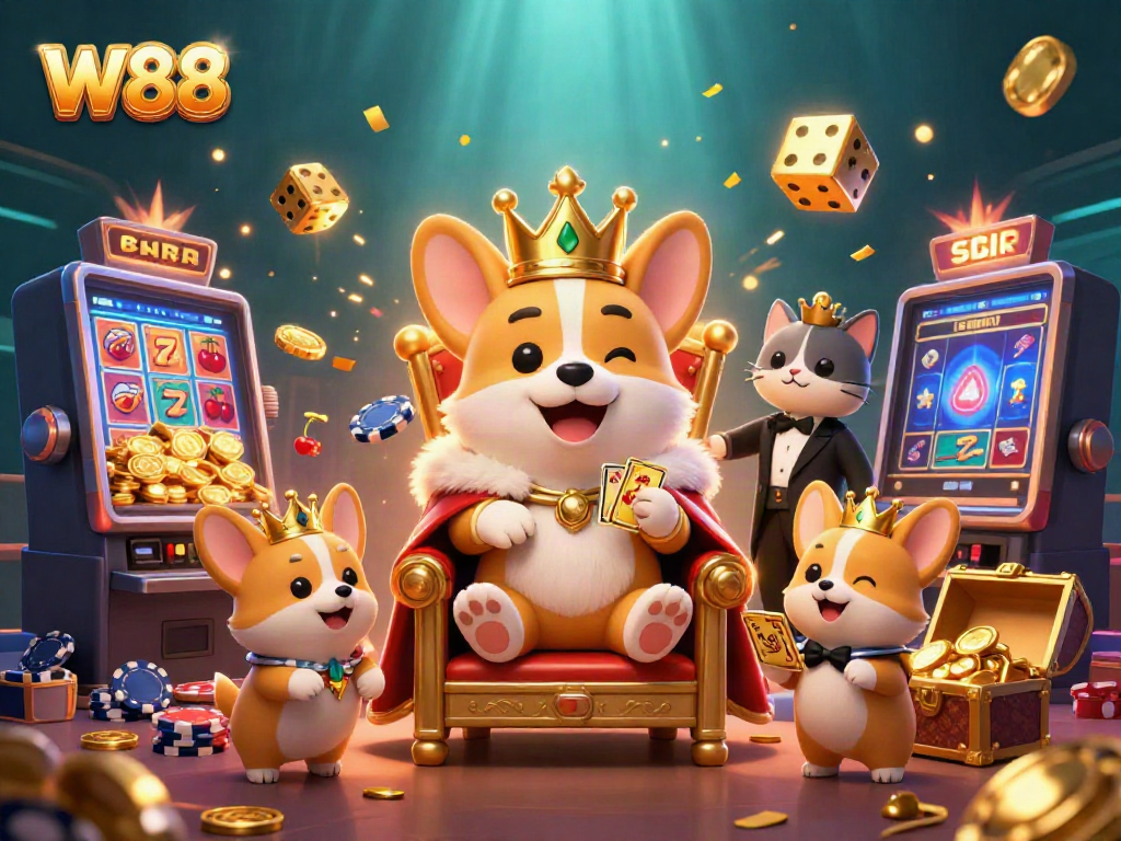 Spin slots and win massive jackpots at W88 with exciting games featuring a royal corgi in a casino setting.