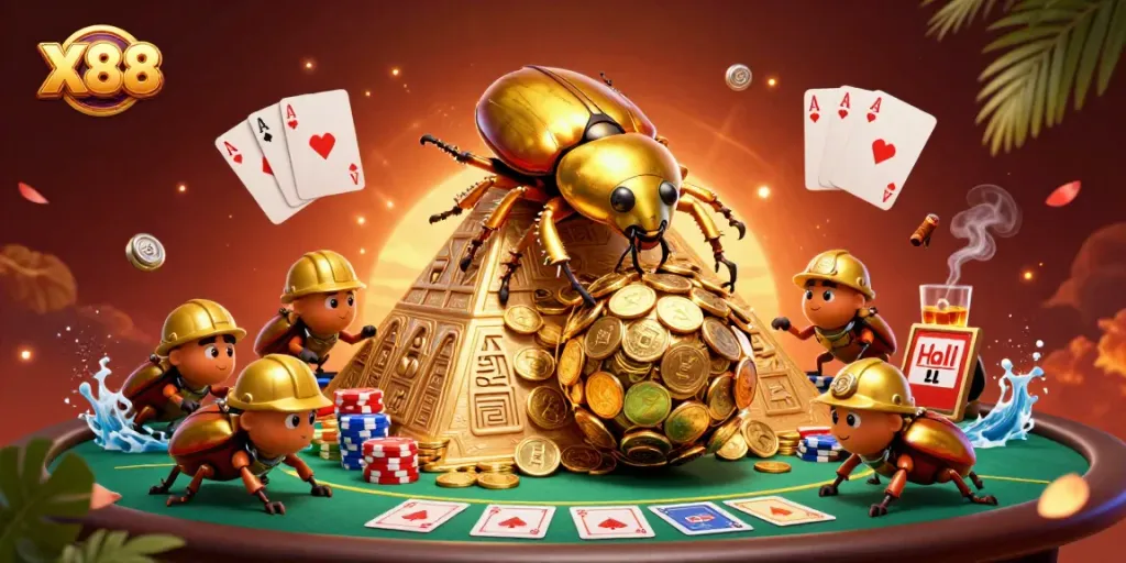 X88 showcases a fun casino scene with golden beetles rolling coins, poker elements, and vibrant atmosphere.