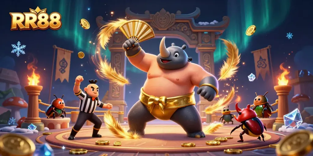 Experience thrilling wins at RR88 with a cartoon beetle champion in action surrounded by coins.
