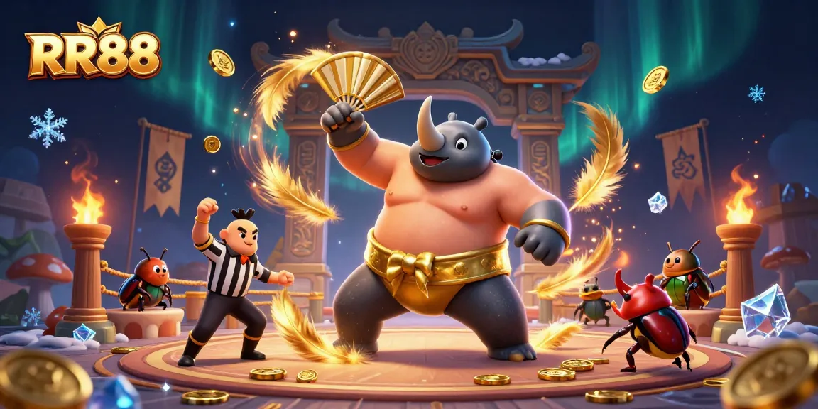 Experience thrilling wins at RR88 with a cartoon beetle champion in action surrounded by coins.