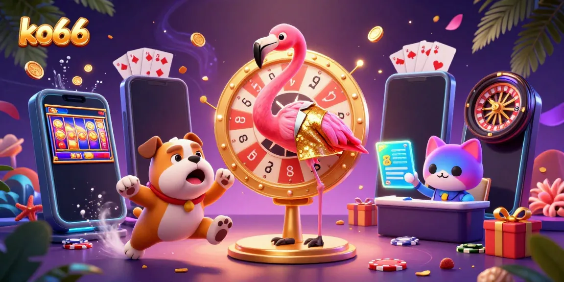 Experience excitement with ko66 as a flamingo host spins a golden prize wheel alongside a bulldog contestant.