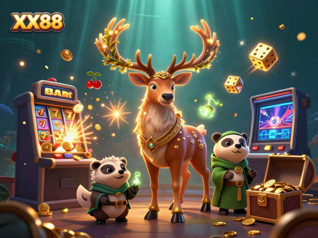 Engage with top-tier casino games and strategies at XX88, featuring vibrant 3D characters and a dynamic jackpot scene.